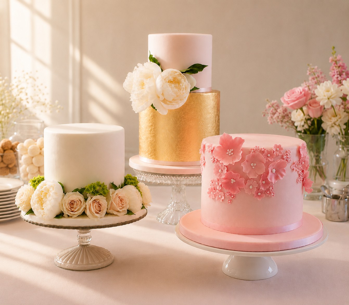Softly styled celebration cakes with flowers and warm daylight.