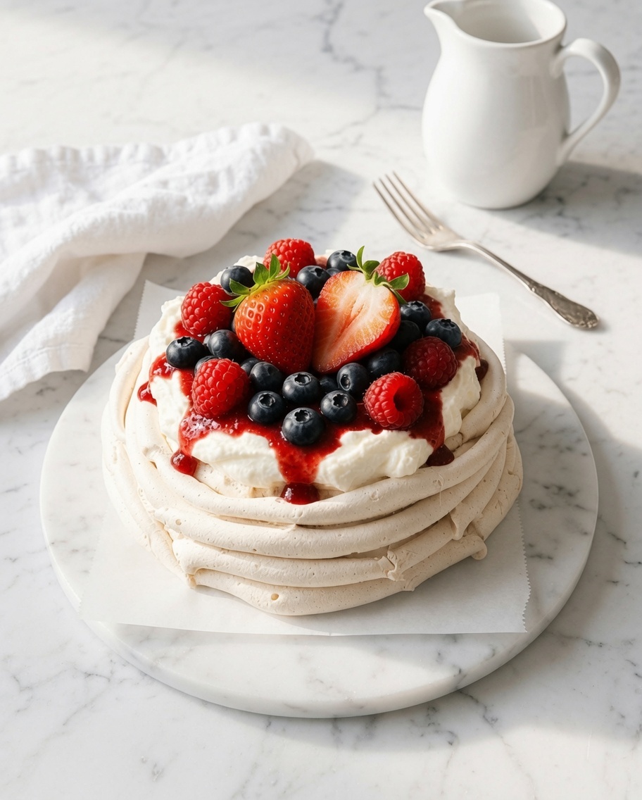 Fresh berry pavlova on a marble platter with soft cream and summer berries.